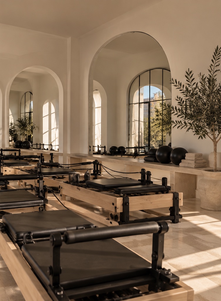 Studio de Pilates avec reformers, lumière naturelle chaude
